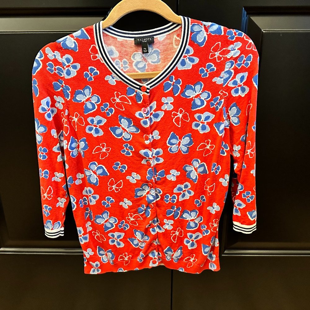 Talbots Red & Blue Butterfly Cardigan Size MP